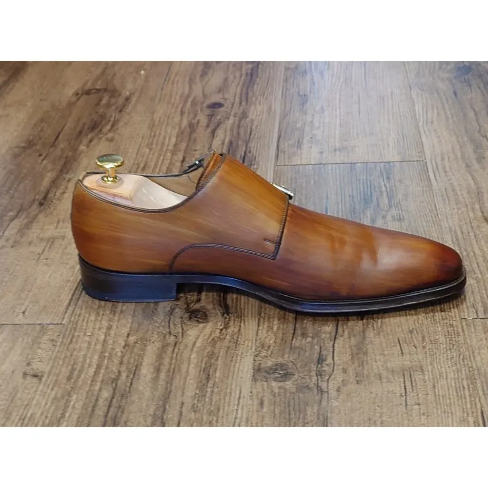 Magnanni Men’s Monk Strap 9.5M Tan Brown Burnished Leather Dress Shoes